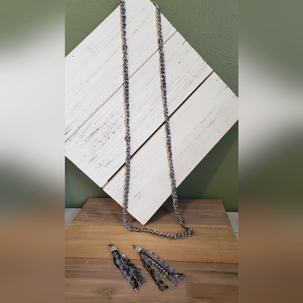 Silver and Blue Suede Necklace with beaded tassles